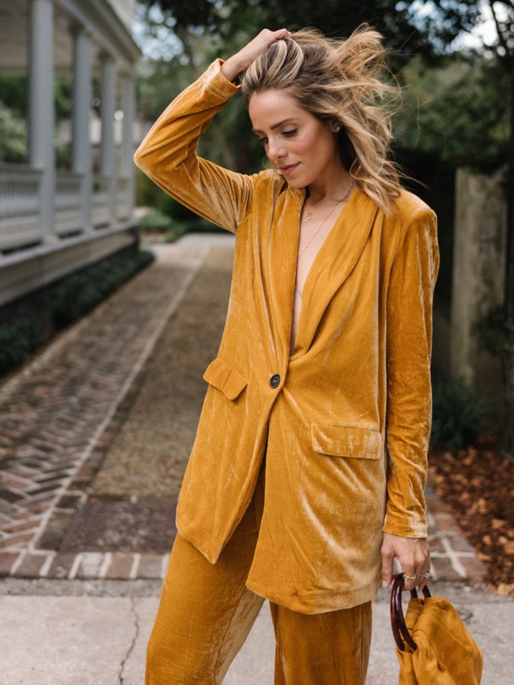 Endless Rose Velvet Single Breasted Blazer in a mustard or gold yellow hue